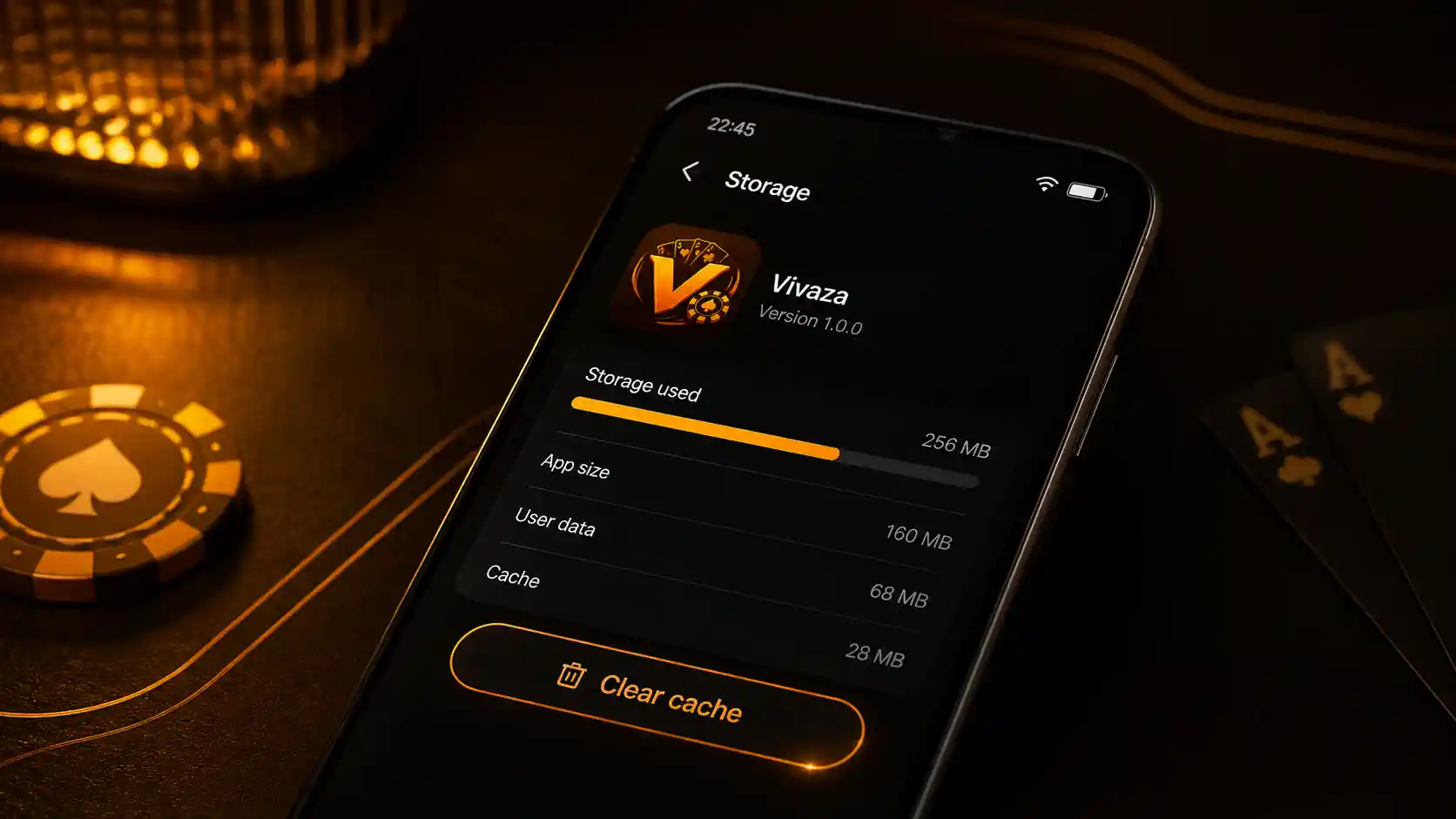 Ajustes de Android para borrar la caché de la aplicación Vivaza