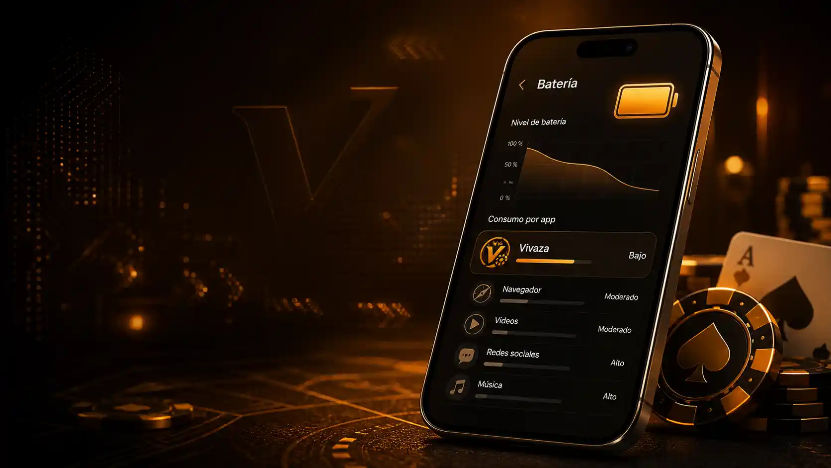 Panel de batería del celular revisando el consumo de la app Vivaza