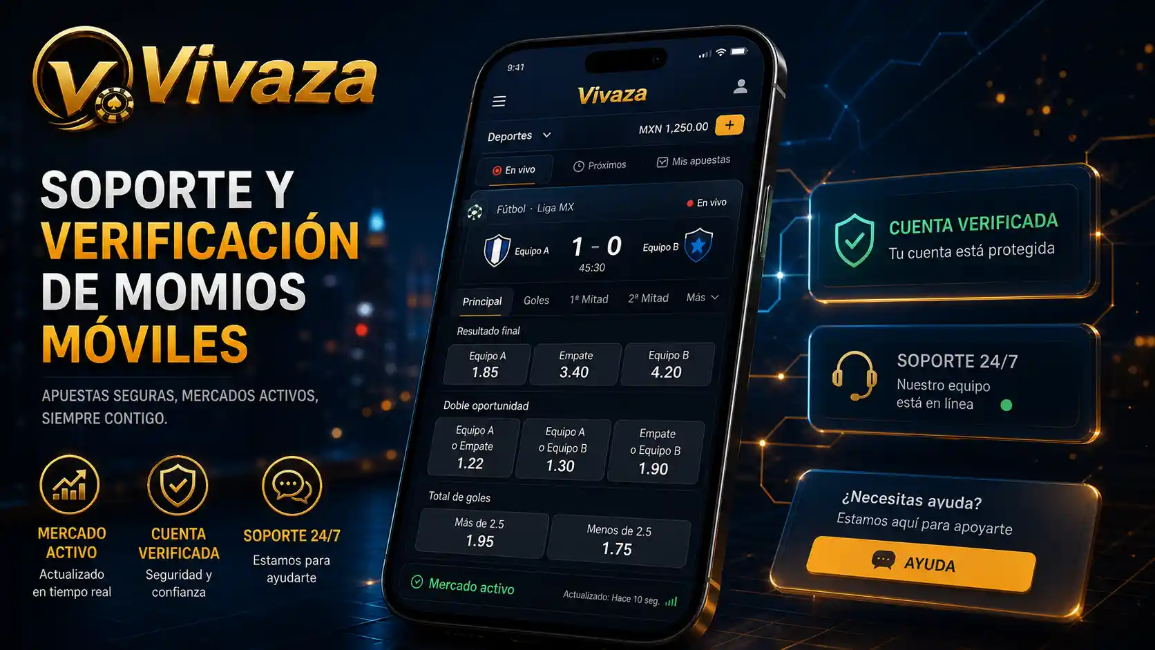 Verificación de un mercado deportivo de Vivaza y acceso a soporte