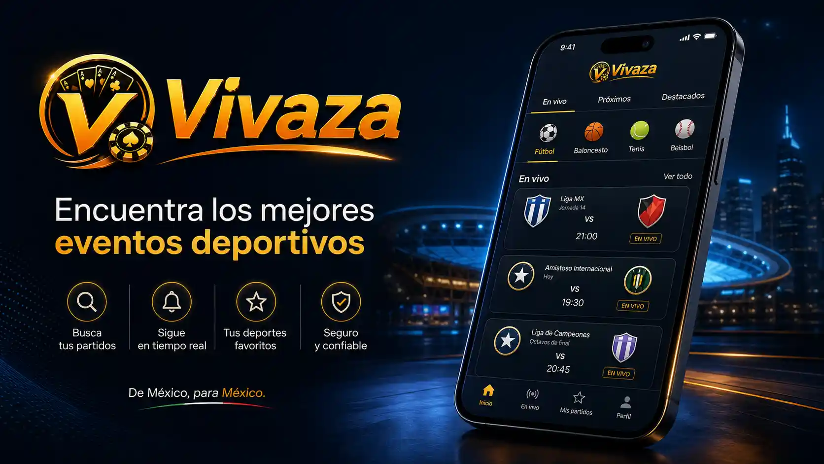 Interfaz móvil de Vivaza para localizar partidos deportivos