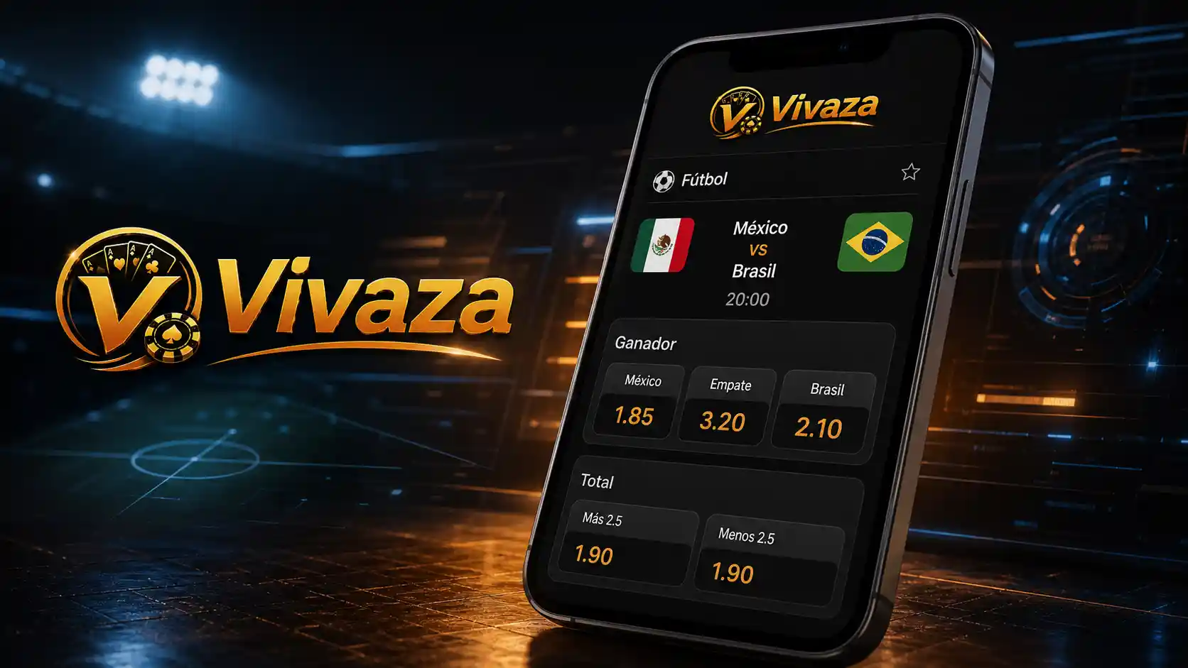 Ficha de un partido y mercados deportivos de Vivaza en el celular