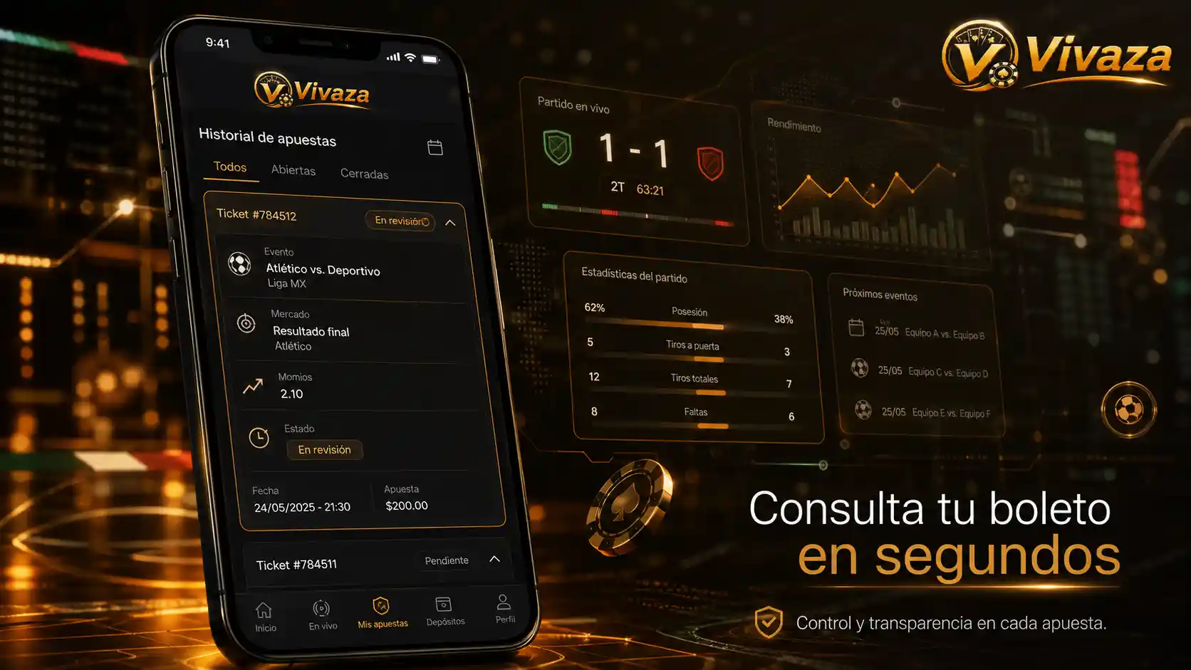 App de Vivaza mostrando el historial y el detalle de un boleto de apuesta
