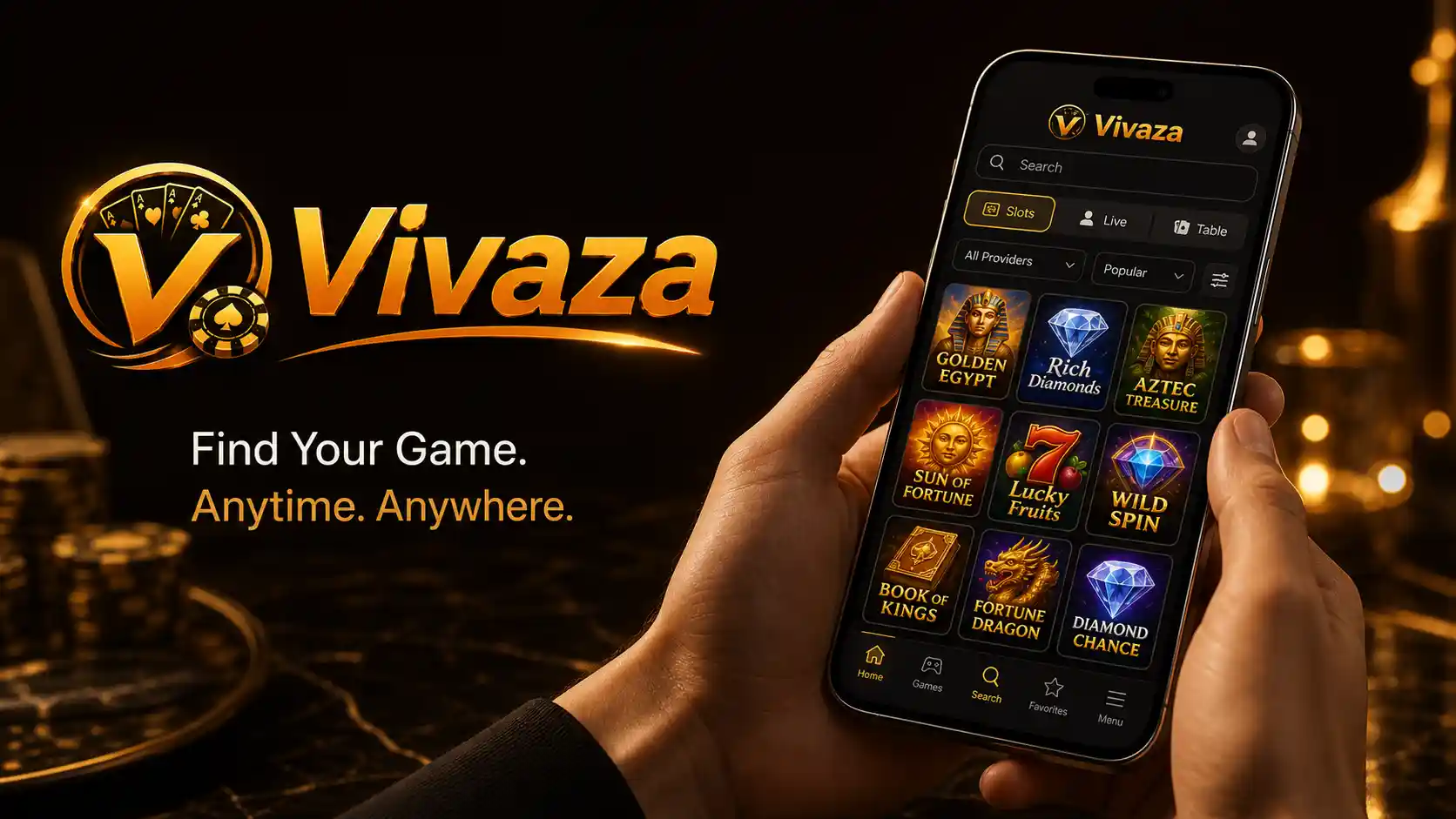 Catálogo del casino móvil de Vivaza abierto en un smartphone