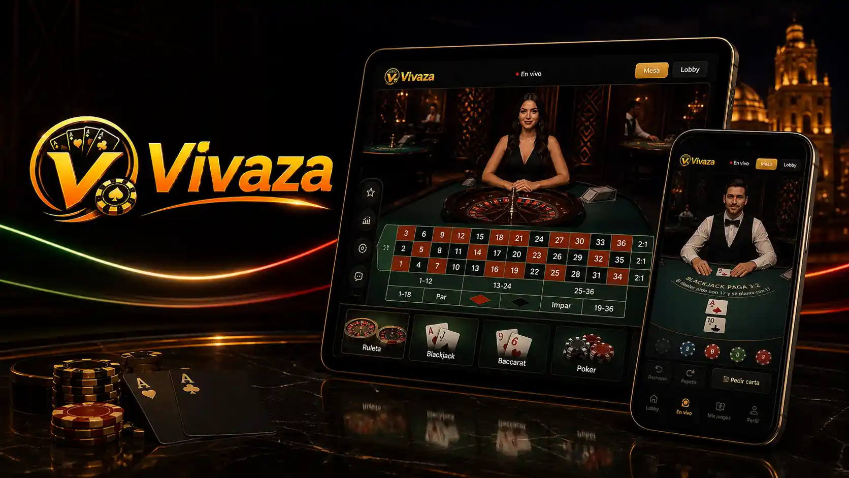 Interfaz móvil de Vivaza con casino en vivo en iOS