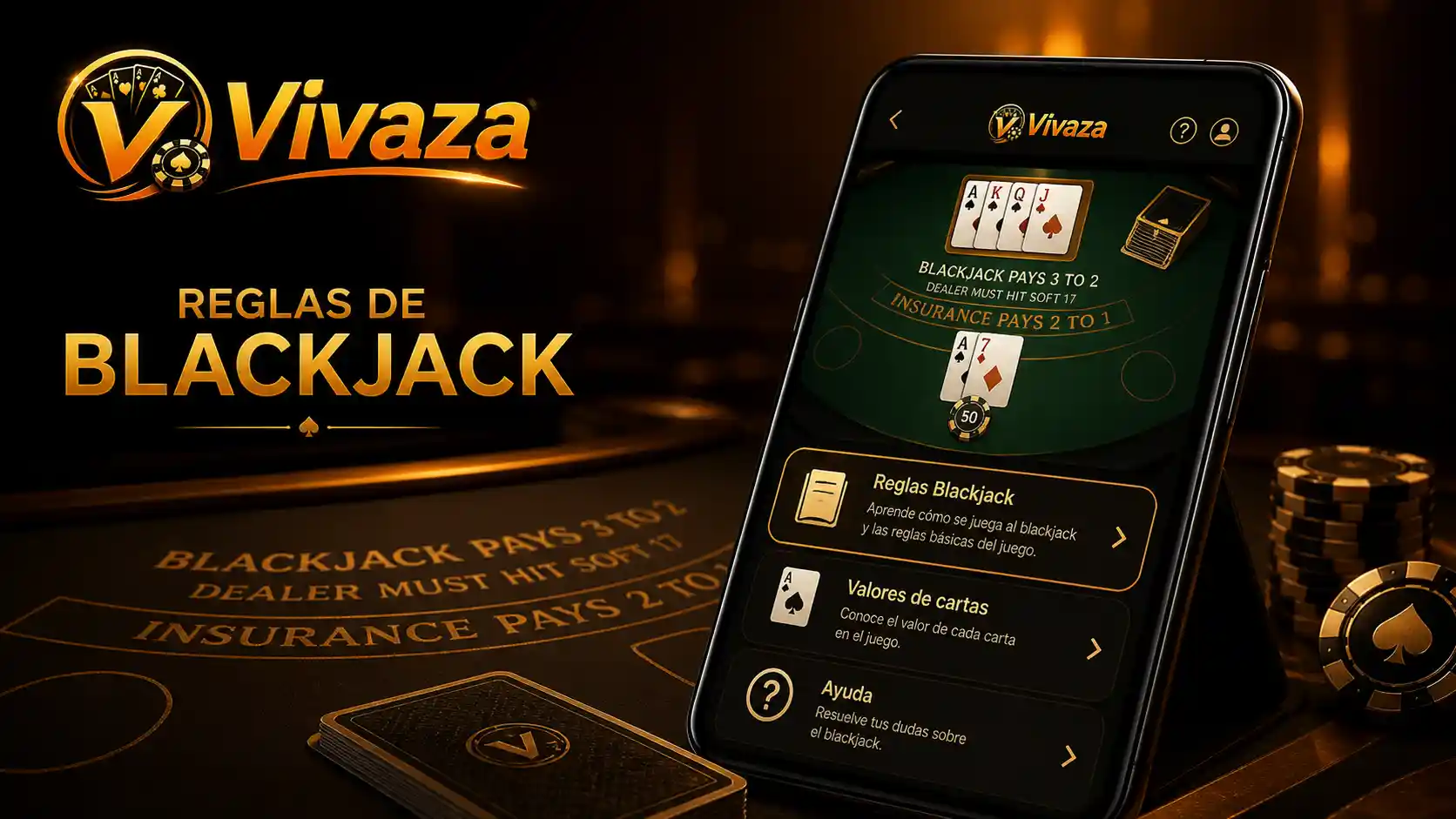 App de Vivaza mostrando la sección de reglas de blackjack en un teléfono