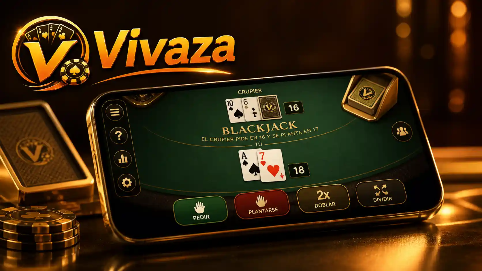 Interfaz móvil de blackjack con acciones del jugador en Vivaza