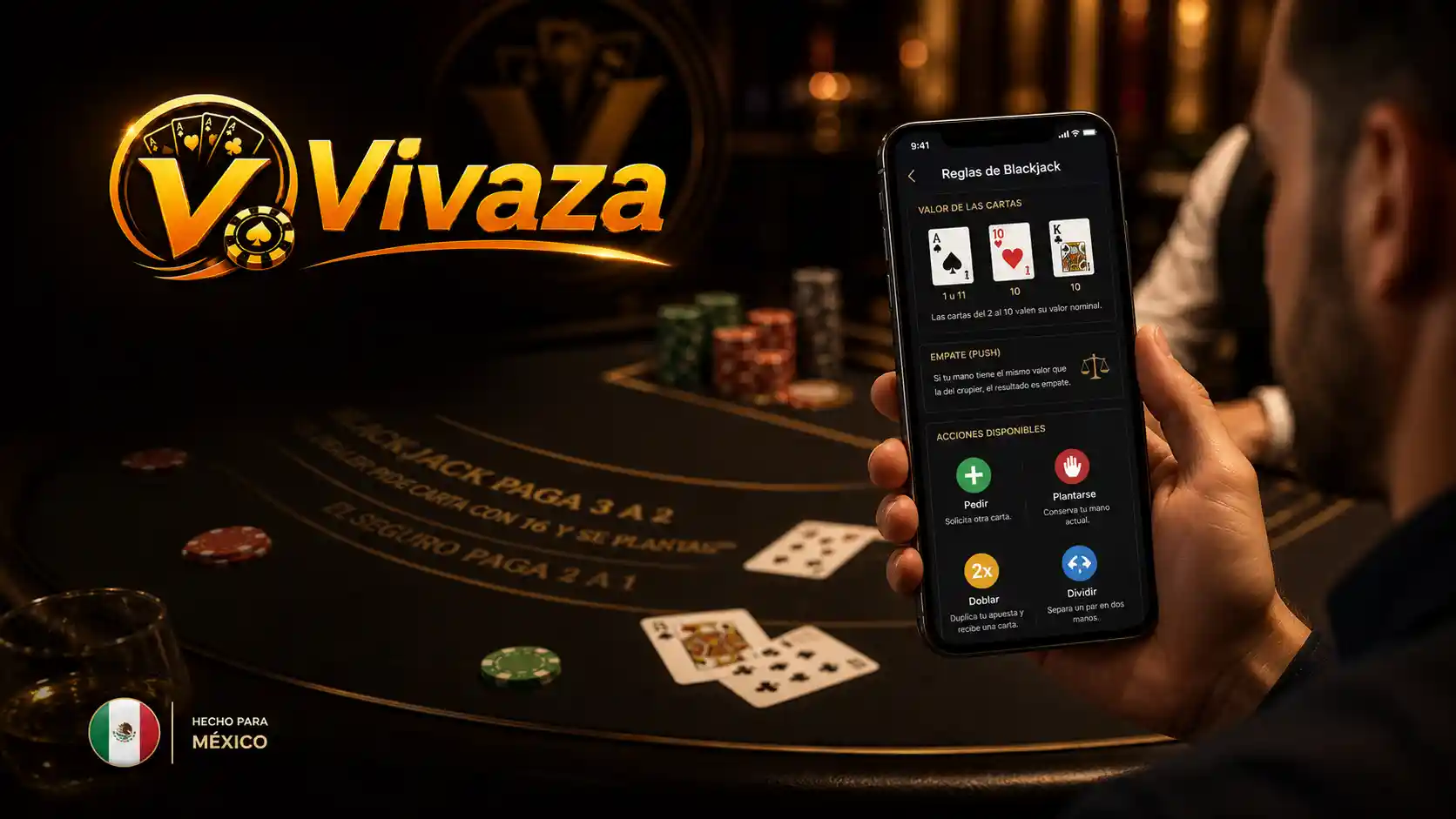 Usuario revisando las condiciones de una mesa de blackjack desde la app de Vivaza